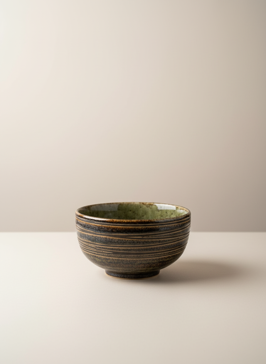 bol japonais artisanal brun fonc avec int rieur vert olive sur fond uni luxe.png