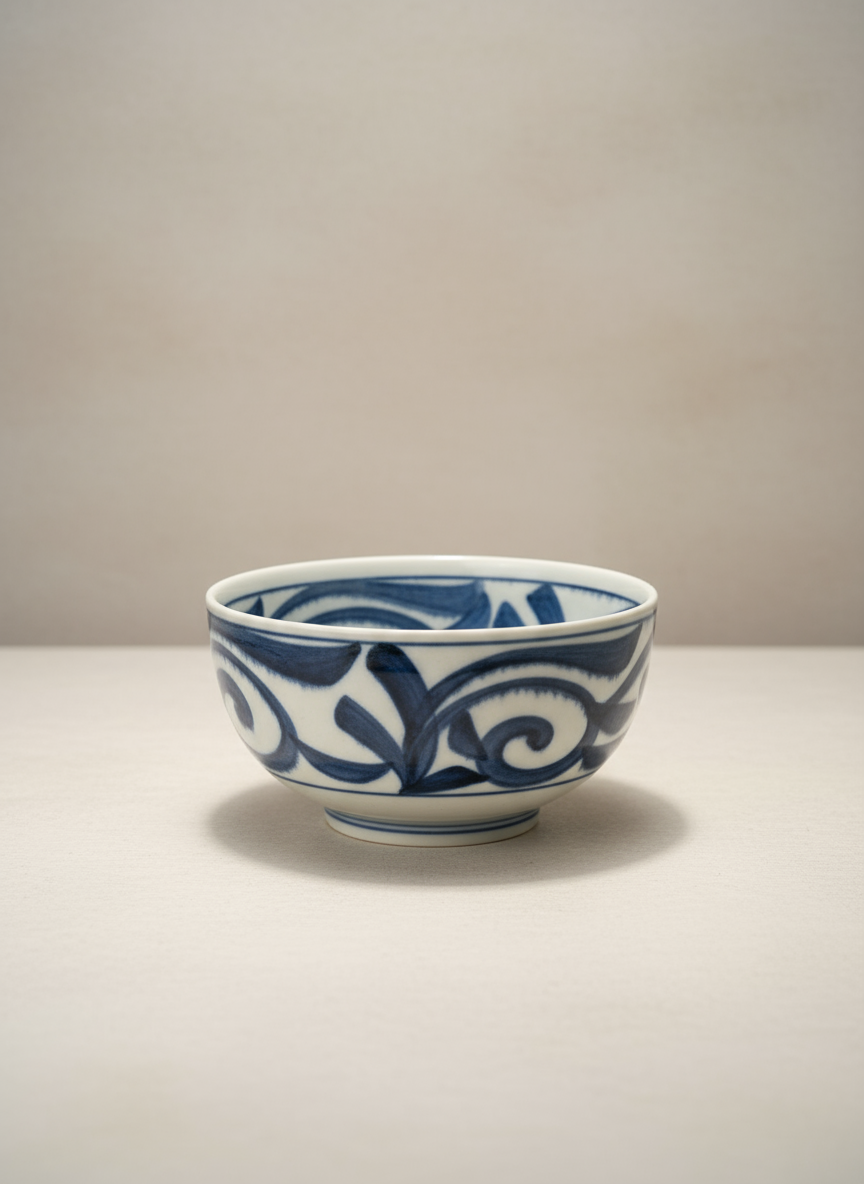bol japonais avec arabesques bleues fluides sur fond uni luxe.png
